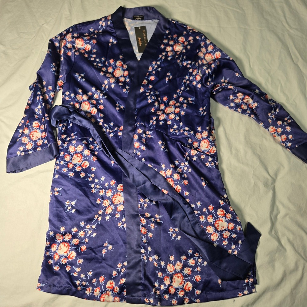 Morgan Lane x FFF Navy Blue Floral Satin Robe Short Wrap Kimono New With Tags